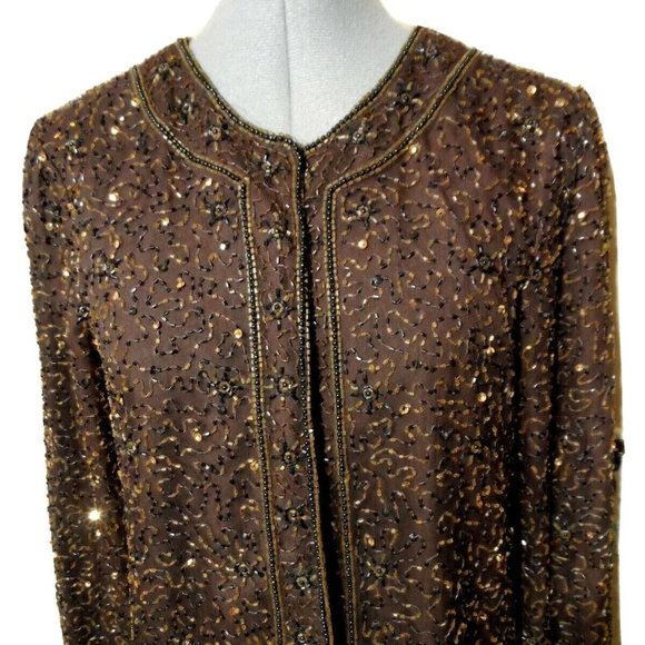 Vintage STENAY 100% Silk ALL Beaded Formal Jacket S Brown Hook front Overcoat LS - Picture 5 of 13